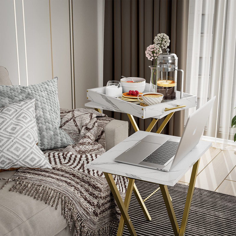 Folding sofa Tray with Removable Serving Tray, Portable End Table (White)