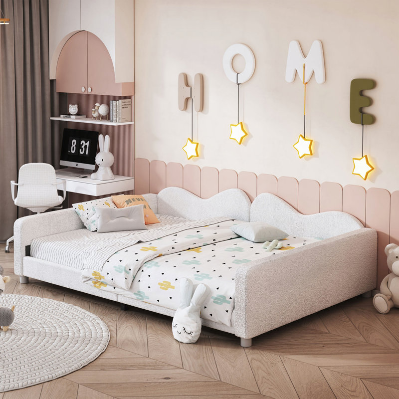 Lit de jour rembourré, canapé-lit en tissu sherpa avec dossier en forme de nuage, aucun sommier nécessaire, Double, Blanc