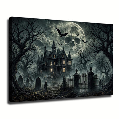 Haunted Victorian Mansion In Graveyard Under Skull Moon With Bats, Halloween Canvas Wall Art