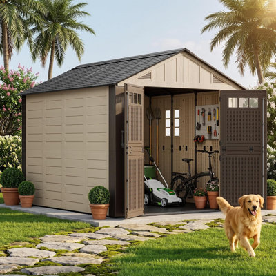 Resin Outdoor Storage Shed, Heavy-Duty Steel Skeleton Utility Tool Shed Storage House, Lockable Doors, Windows and High-Strength Floor for Garden Patio Lawn Poolside
