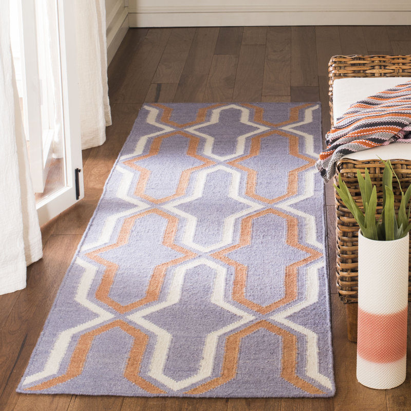 Rodgers Hand Woven Flat Weave Wool/Cotton Geometric Rug in Purple/Orange, Runner 2'6" x 12'