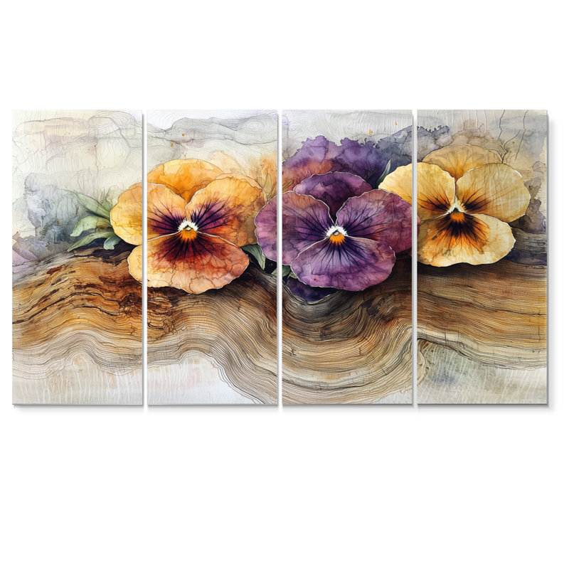 Fleurs d'été sur le dessus de la glissade en bois II - Pensées, art mural - ensemble d'art mural traditionnel, 4