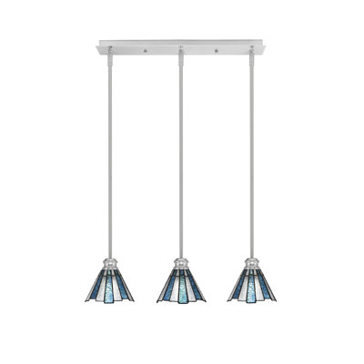 Edge 3 Light Linear Pendalier Shown In Brushed Nickel Finish With 7" Sea Ice Art Glass