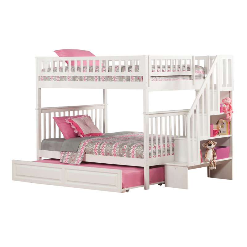 Lit superposé standard en bois massif avec bibliothèque Henden par Wildon Home, Blanc, Double sur double