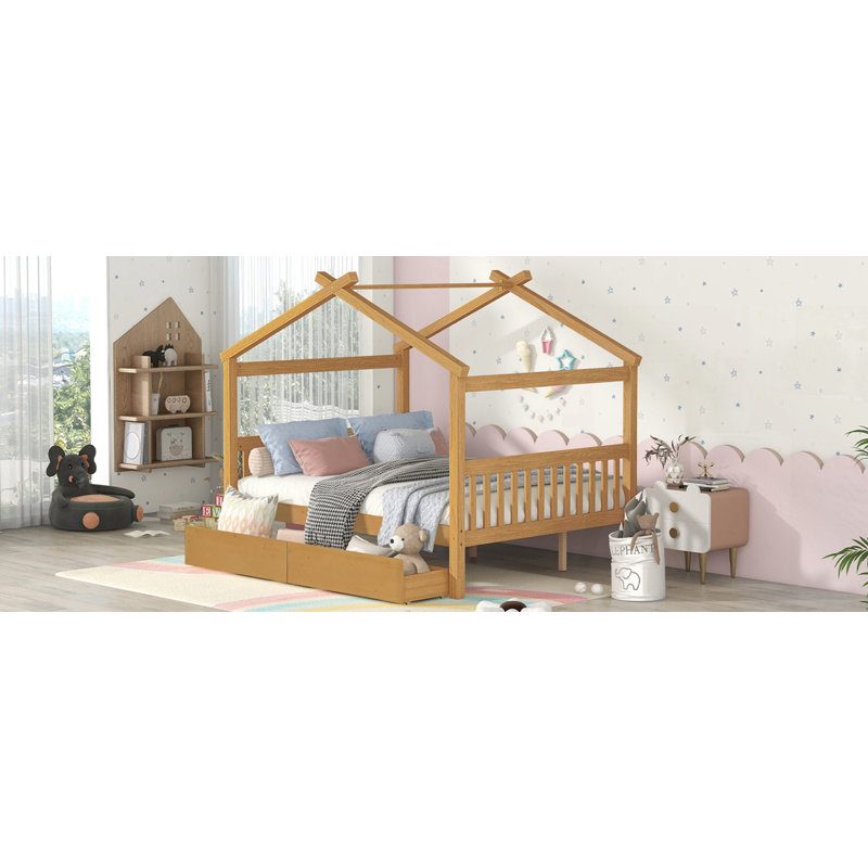 Lit en bois avec tiroirs, Naturel, Double
