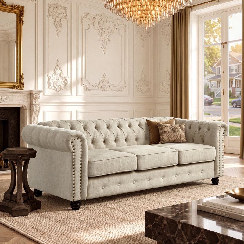 Perry 80" Rolled Arm Chesterfield Sofa, Beige Linen Blend