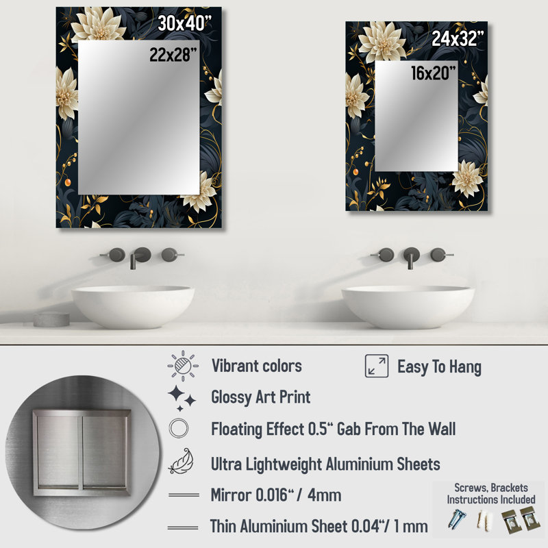 Décoration murale beige et bleu Meditation Flowers - miroir mural botanique, 40 po x 30 po
