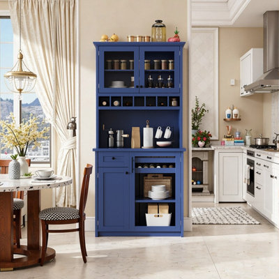 74.8" H Shaker Style Freestanding Kitchen Buffet Cabinet With Hutch Wine Rack & Doors