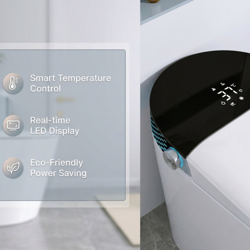 Toilette intelligente une pièce sans réservoir avec bidet intégré avec capteur de coup de pied de pied, couvercle à ouverture / fermeture automatique, séchoir à air chaud, veilleuse, chasse d'eau en cas de panne de courant, noir