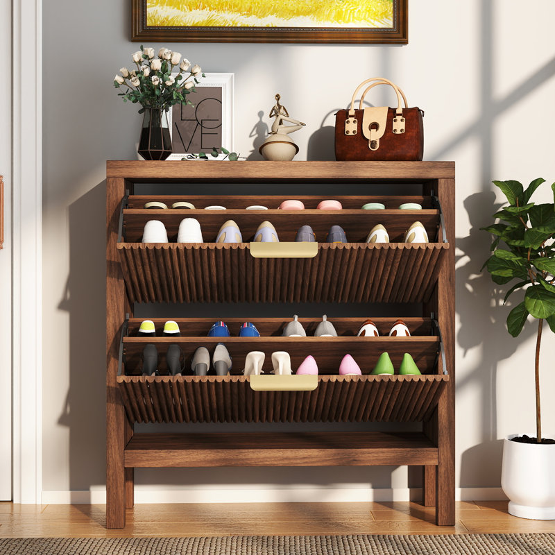18 Pair Shoe Storage Cabinet, Brown Wood