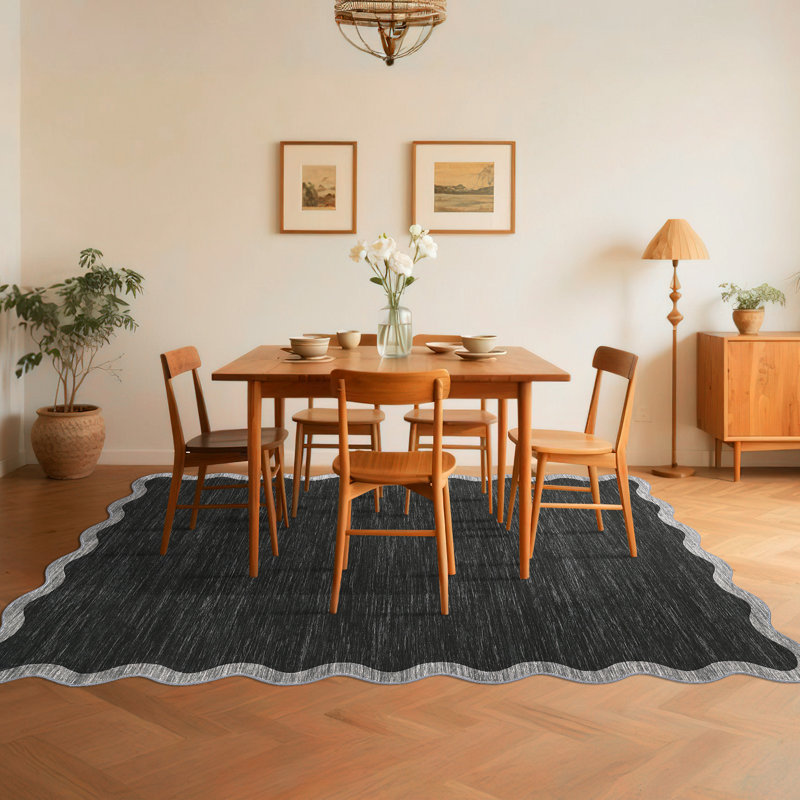 Scalloped Washable Rugs for Living Room Neutral Area Rugs Ultra-Thin Non Slip Large Bedroom Carpet Indoor Stain Resistant Contemporary Carpet for Dining Room Dorm