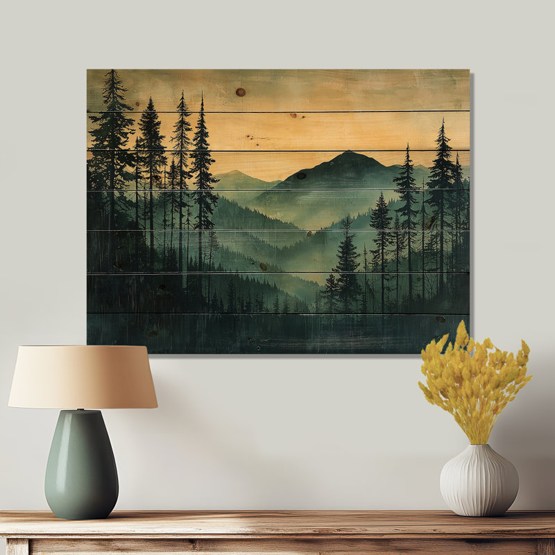Calm Mountain Silhouette In Woodlands I - Landscape Mountains Wood Wall Decor - On Natural Pine Wood - 30" H x 40" W x 0.78" D