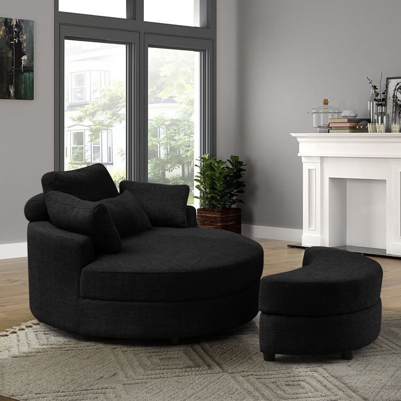 Danieal Upholstered Barrel Chair with Ottoman, Black Fabric