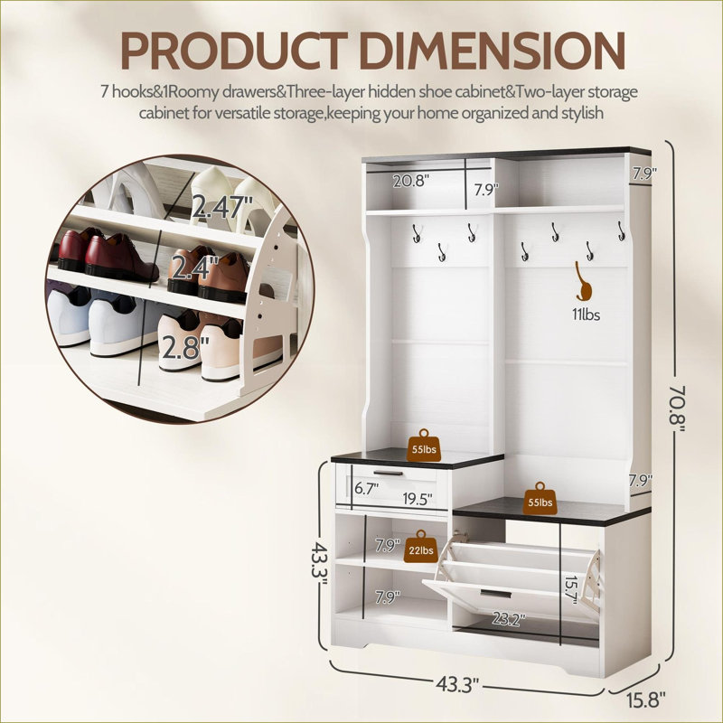 Portemanteau FlowLuxe 6-en-1 de 43,3 pouces avec banc et rangement pour chaussures