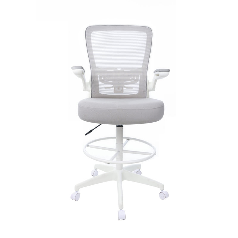 Dea Drafting Stool Chair, Flip-Up Arms, Gray Mesh, Chrome Footring, White