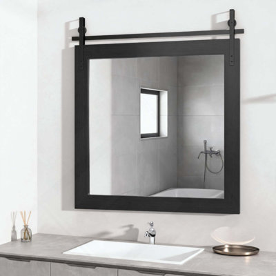 Farmhouse Bathroom Mirror, Rustic Wood Framed Wall Mounted Mirror, Black Vintage Vanity Mirror Barn Door Style Decrative Mirrors