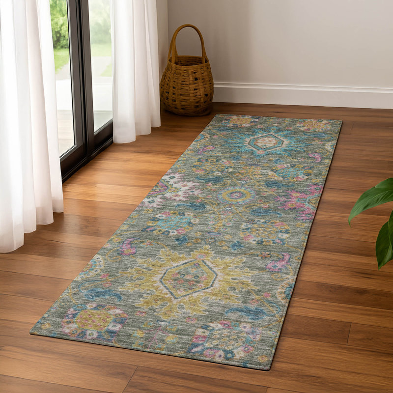 Premium Machine Washable Mayfield AMF2151 medallions Rug, Runner 2'3" x 7'6", Aloe