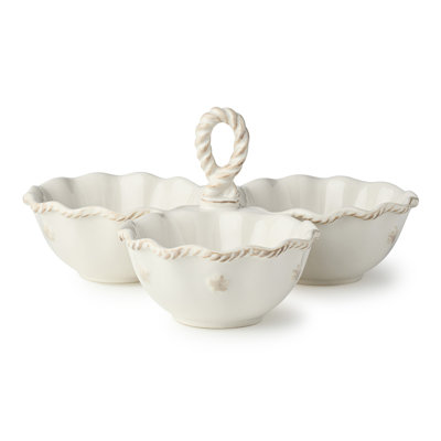 Heritage 3 Section Stoneware Condiment Server with Handle – Divided 8oz Bowls, 9.25" x 9" x 4.75" – Elegant Ivory Dish with Embossed Details, Ideal for Dips, Nuts & Snacks