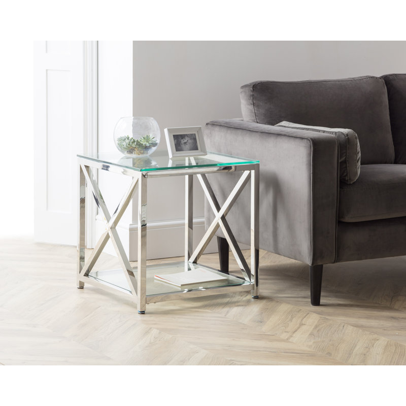 Trueblood Glass Top Floor Shelf End Table, Chrome