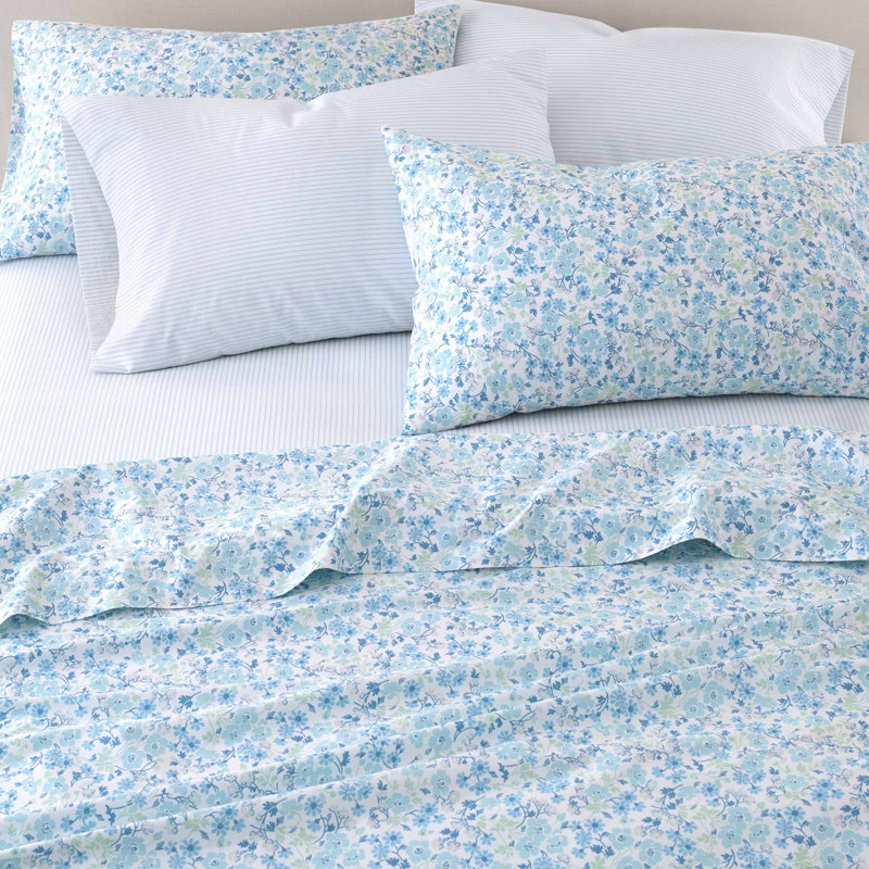 Laura Ashley Marissa 200 Thread Count Floral 100% Cotton Percale Sheet Set, Queen, Jaynie Ticking Stripe Blue