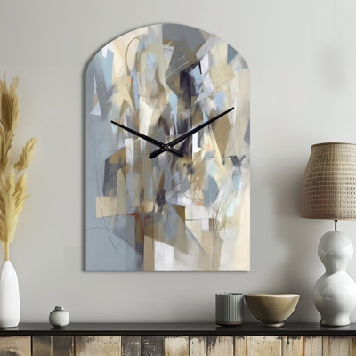 Beige And Grey Unbounded Creativity III - Abstract Painting Asymmetrical Metal Wall Clock, Beige Arch Metal Clock Print
