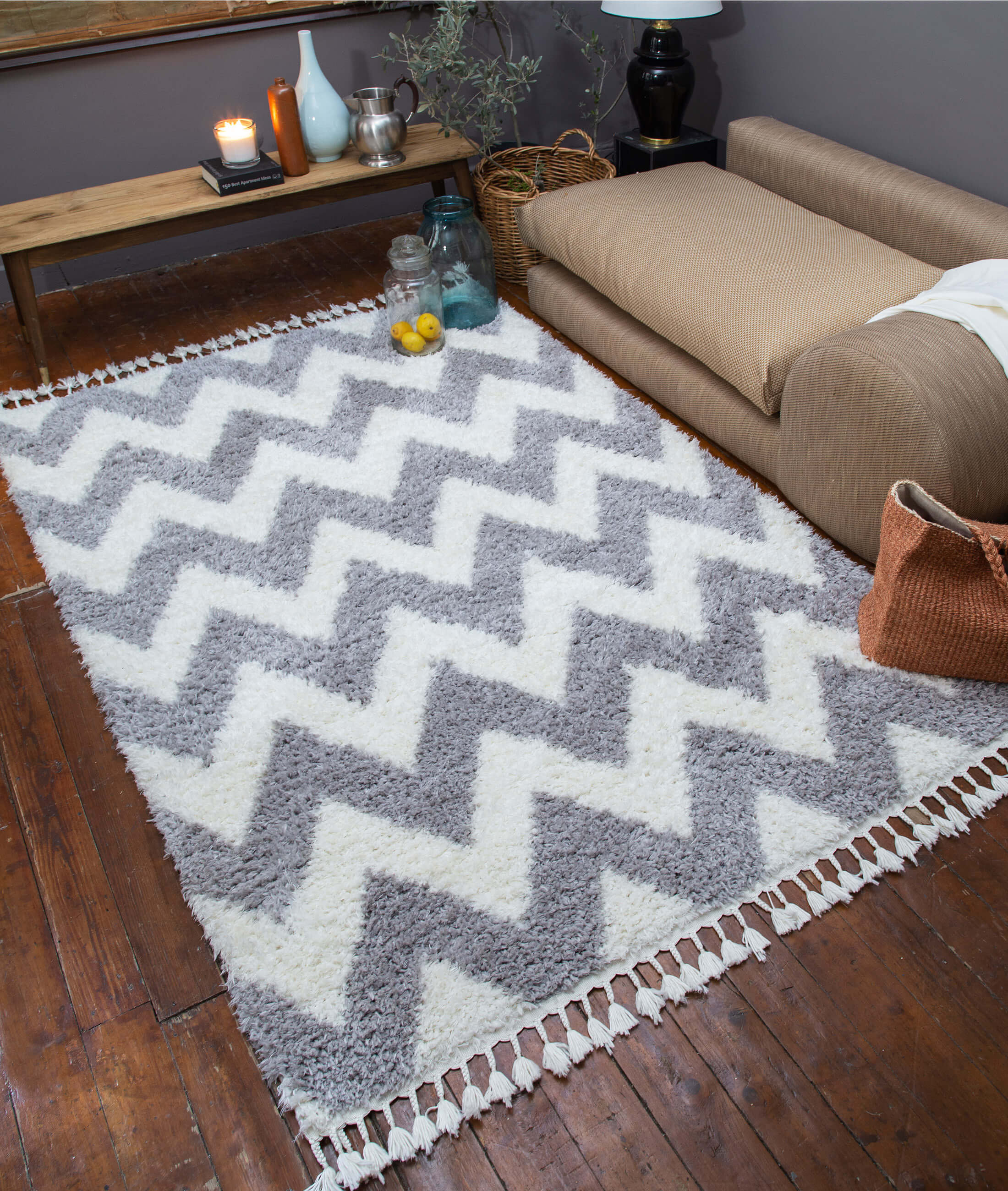 Polyester Barea Rug Example Latitude Run® Marou Shaggy Chevron Design White Grey Carpet Machine ...