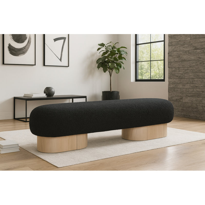 Denyer Fabric Upholstered Bench, Black Boucle Fabric, Light Oak