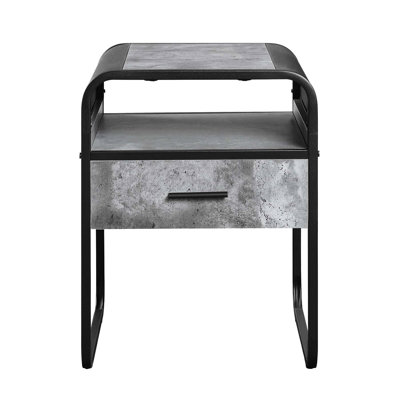 Table de bout carrée moderne en béton gris et noir, structure en métal, 1/2 tiroir à extension, tablette ouverte, bords courbés, idéal pour une utilisation sur table de style industriel gris, un tiroir avec glissière latérale, compartiment