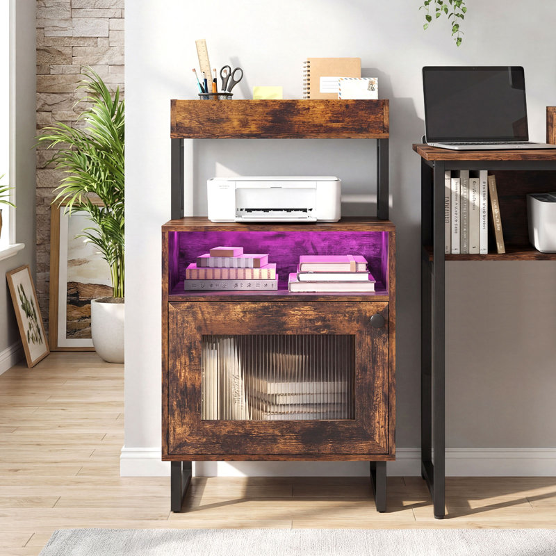Table de chevet 2 pièces avec lumières DEL, table de bout moderne avec plateau supérieur, brun rustique à compartiment ouvert