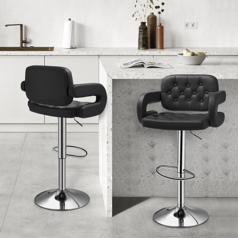 Black Faux Leather Adjustable Swivel Bar Stools with Pedestal Base, Set of 2