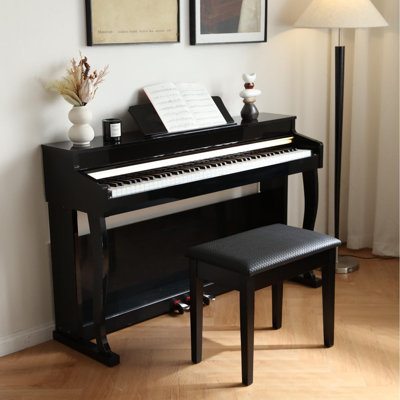 Piano Bench With Storage For Music Books, Waterproof Synthetic Leather Padded Seat, Oak Wood Holds 300 Lbs, Soft Cushioned Vanity Stool, Black by Corrigan Studio