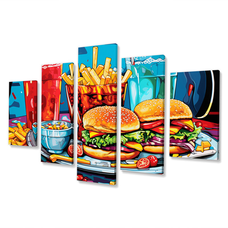 Pop Art Fast Food Hamburger Meal II - impression sur toile pour aliments et boissons - 5 panneaux