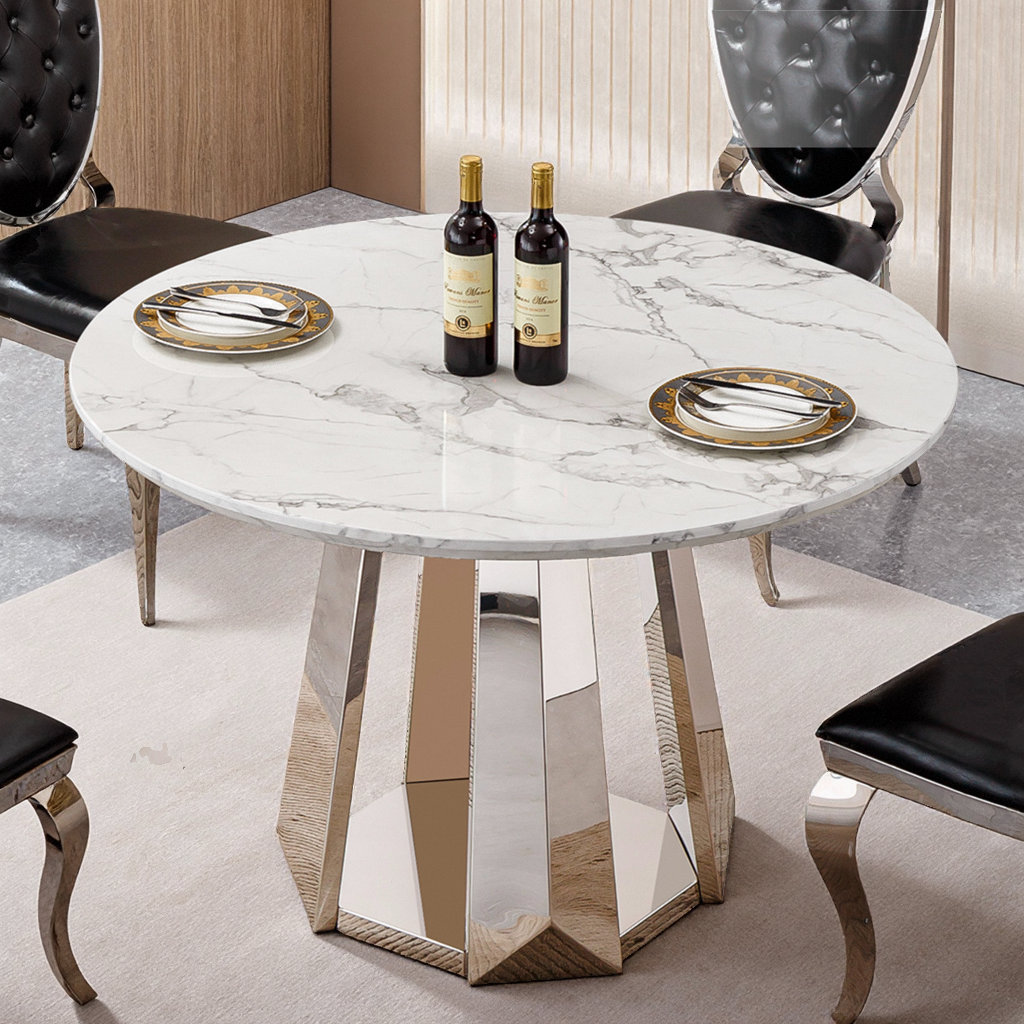 George Oliver 47 inch Round Dining Table - Gold & White Faux Marble Top ...