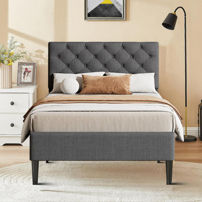 Modern Linen Fabric Upholstered Platform Bed - Twin Size -  DNUJELOOP, LEROYPERRYM-WF302188AAE