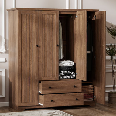  Armoire penderie 4 portes avec 2 tiroirs et rail suspendu, grain de bois brun