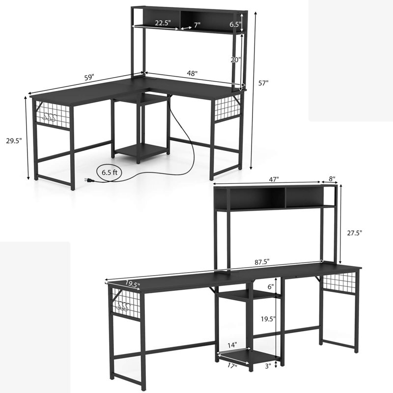 Magdali L-Shaped Steel Computer Desk, Black