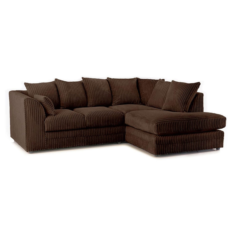 Jumbo Cord Upholstered Corner Sofa Small Back Cushion with Foot Stool , Brown, Right Hand Facing