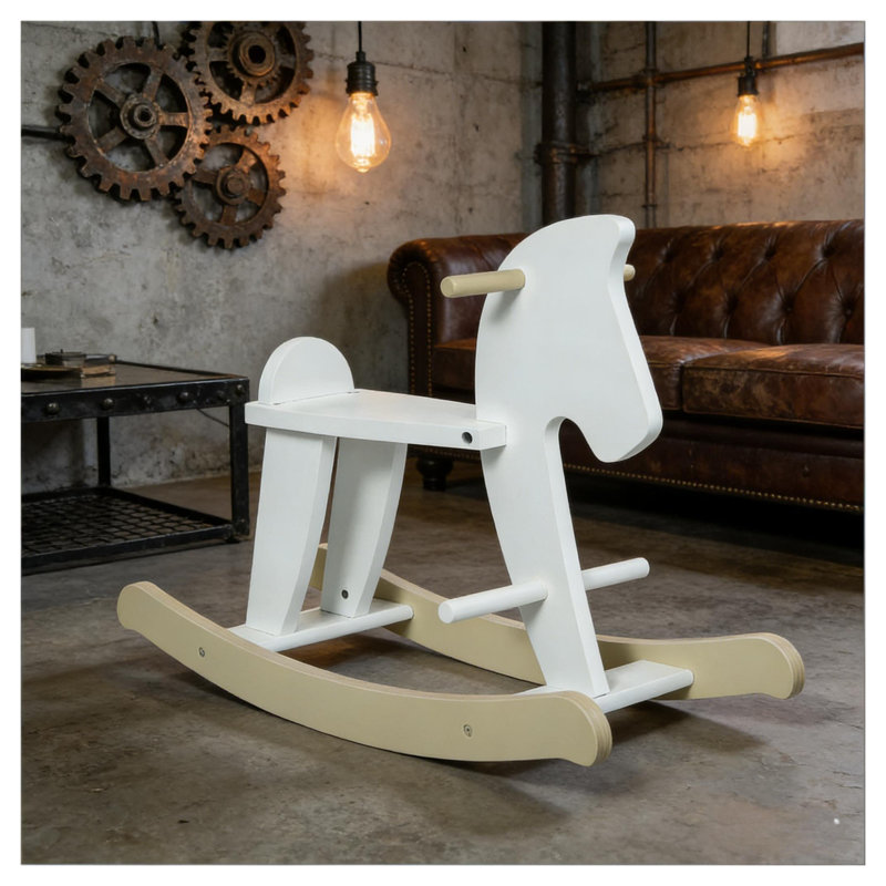 Cheval à bascule en bois blanc classique pour tout-petits avec panneau de fibres à densité moyenne et fabrication en bois massif