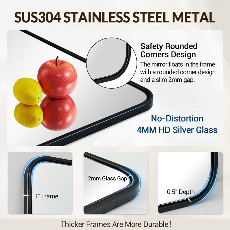 Modern Rounded Rectangular Bathroom Vanity Mirror | Stainless Steel U-Tube Frame, Matte Black, 30" x 22"