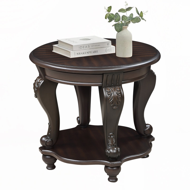 Table de bout ronde en bois massif avec tablette, Espresso
