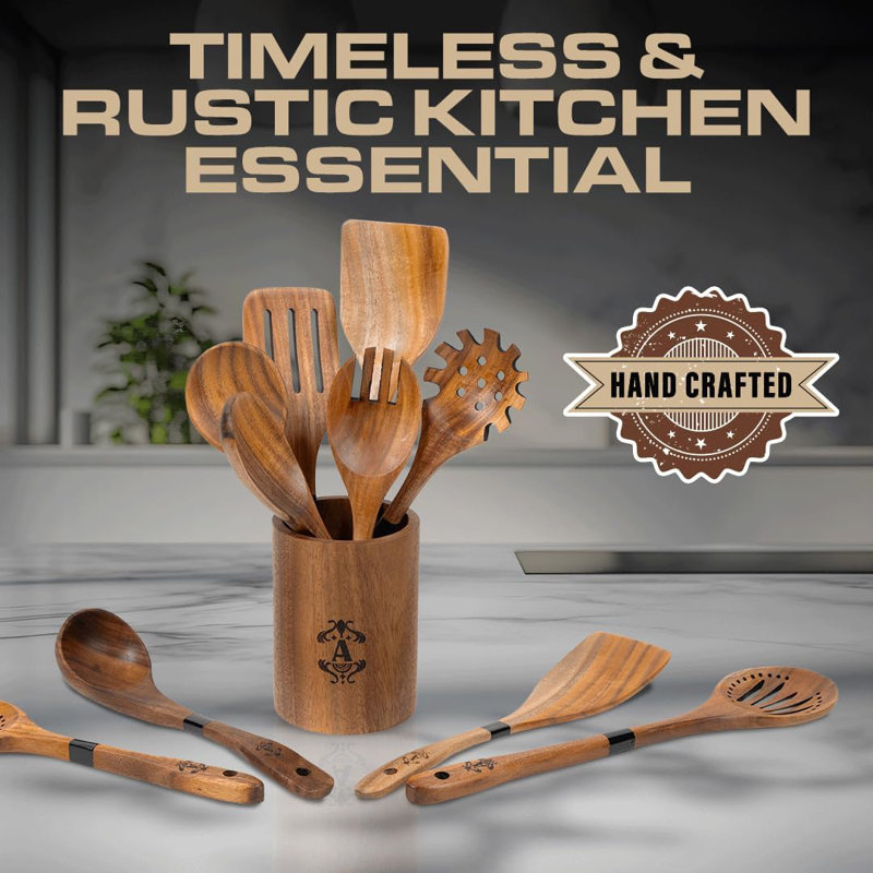 Ensemble d'ustensiles de cuisine en bois de teck 11 pièces - Outils de cuisine antiadhésifs, anti-rayures et résistants à la chaleur avec support