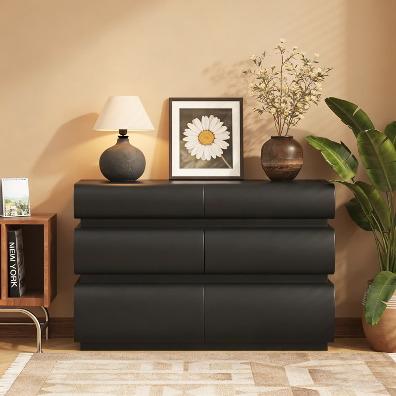 Commode noire moderne à 6 tiroirs, sans poignée avec rangement large, Noir
