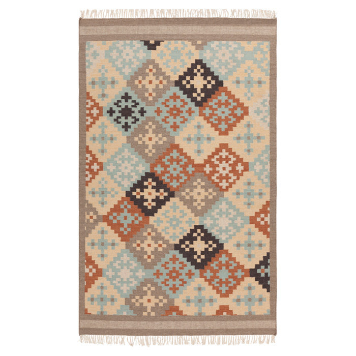 Tapis bleu / beige / brun en laine tissé à la main Wellsville, Rectangle 8 pi x 11 pi