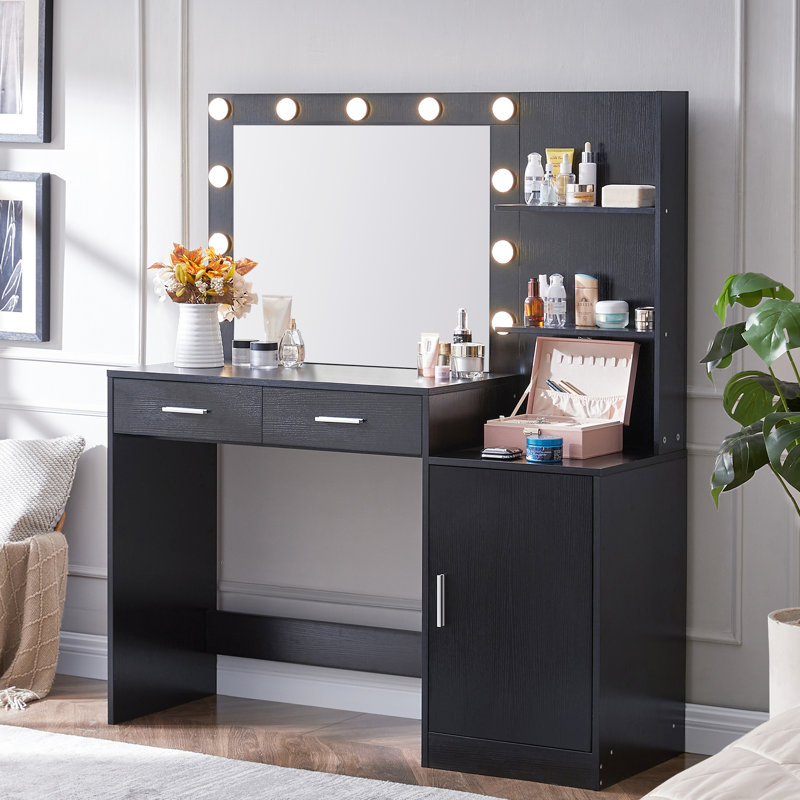 Black Vanity Desk With Mirror & Lights 46.4In - Dressing Table 2 Large Drawers Vertical Organizer, 3 Level Dresser, Lighting Modes Adjustable Brightness For Bedroom