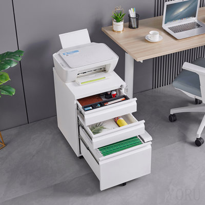 Classeur mobile à 3 tiroirs avec serrure, 5 roulettes (2 freins + anti-basculement), classeur en acier laminé à froid entièrement assemblé avec plumier et barre de suspension pour le bureau personnel, convient aux dossiers de format lettre / légal / A4
