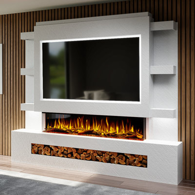 Evolution Fires Pre-Built Media Wall Package 15, finished in textured Venetian Plaster, includes Spectrum Series 60 Series 3-Sided Electric Fireplace