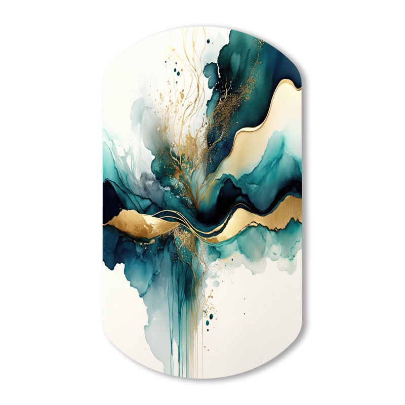 Sarcelle et or abstrait Expression III - encre liquide, impression asymétrique sur métal, cylindre moderne, décoration murale en métal