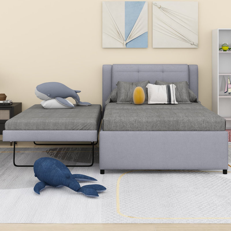 Lit plateforme tapissier avec lit gigogne, Gris