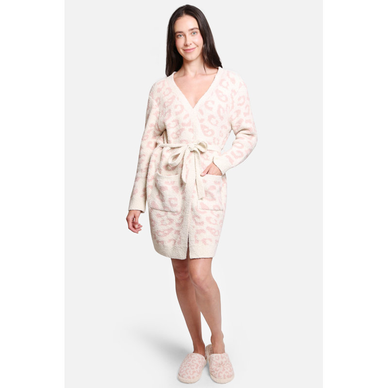 Leopard Pattern Luxury Soft Robe W/ Front Pockets Belt - PINK, Pink