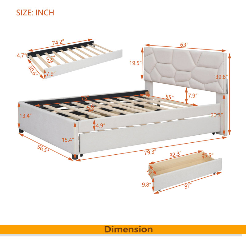 Lit plateforme tapissier avec tête de lit en lin, Beige, Lit double